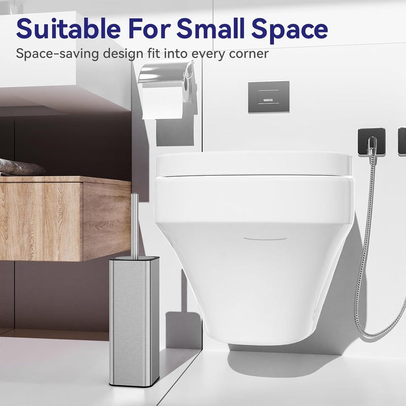DOWRY Stainless Steel Toilet Bowl Brush and Holder for Bathroom Storage Organization Deep Cleaning Covered Brush Cleaner,Nickel Square - Image 5